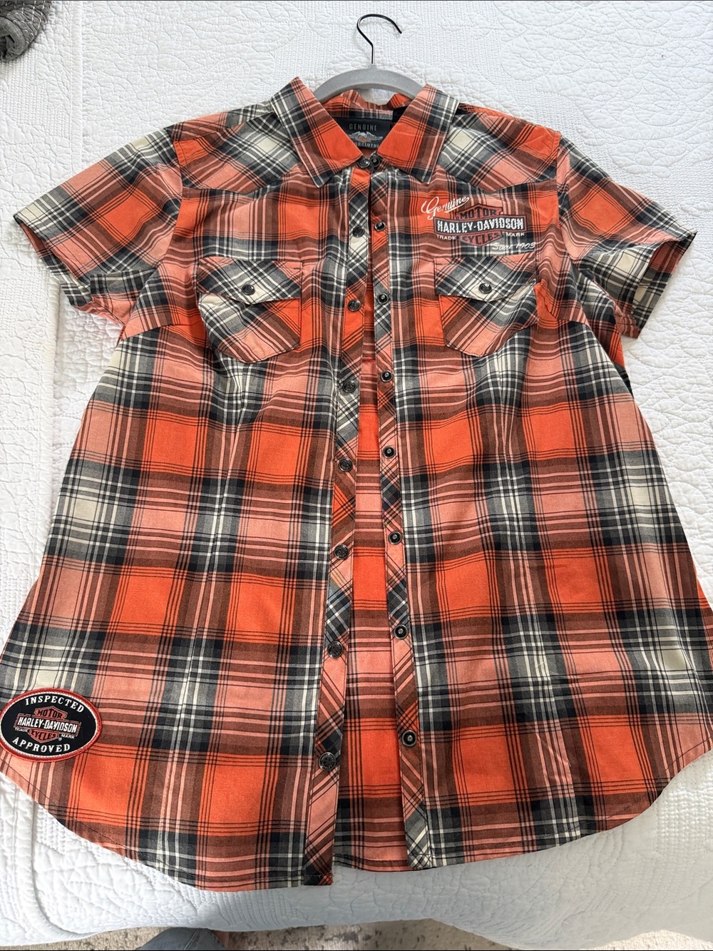 Harley-Davidson Orange Black Cream Plaid Short Sleeve Button-Down